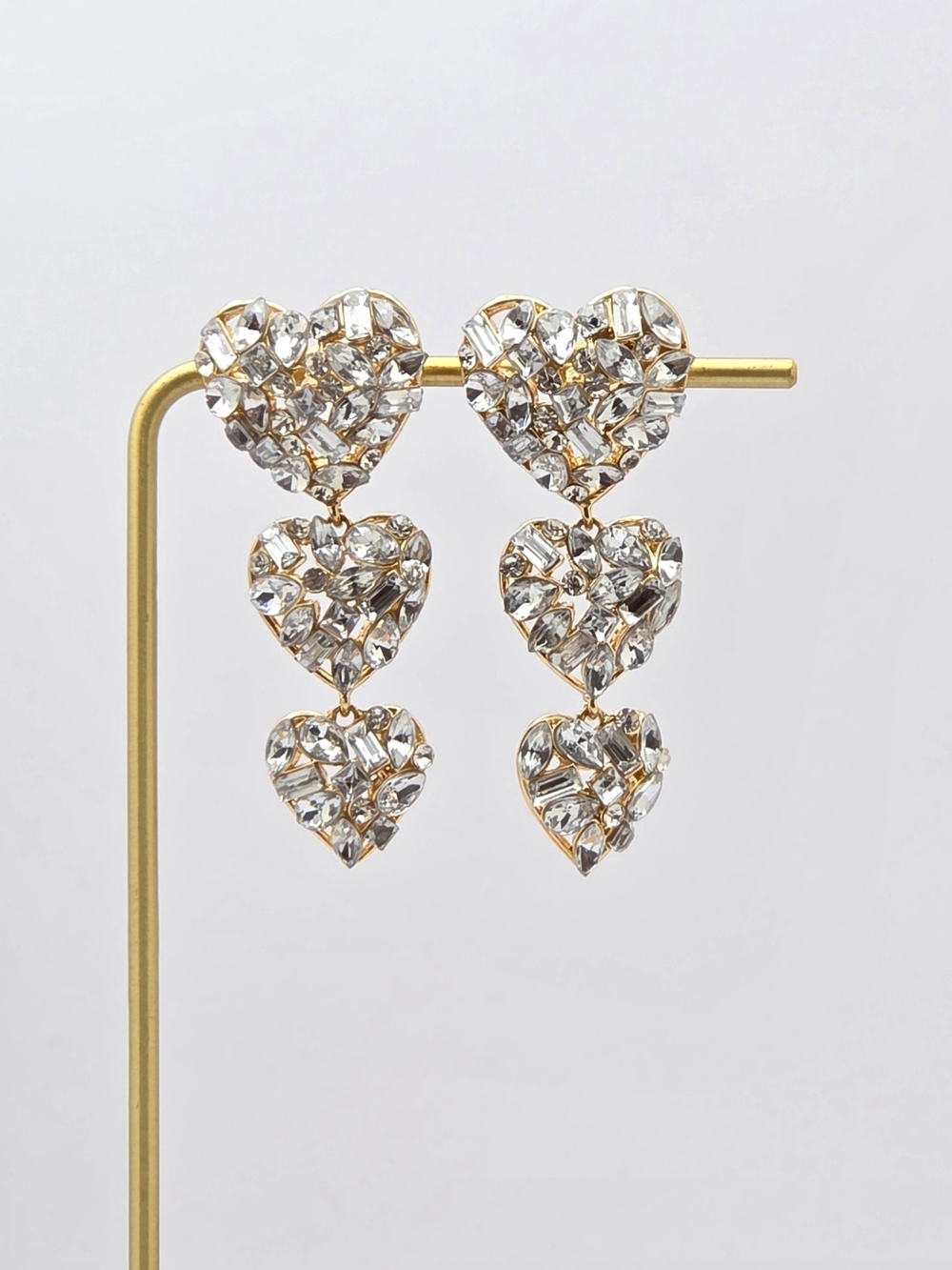 Gold Tone Tiered Heart Dangle Earrings Clear Faux Crystal Rhinestone Statement